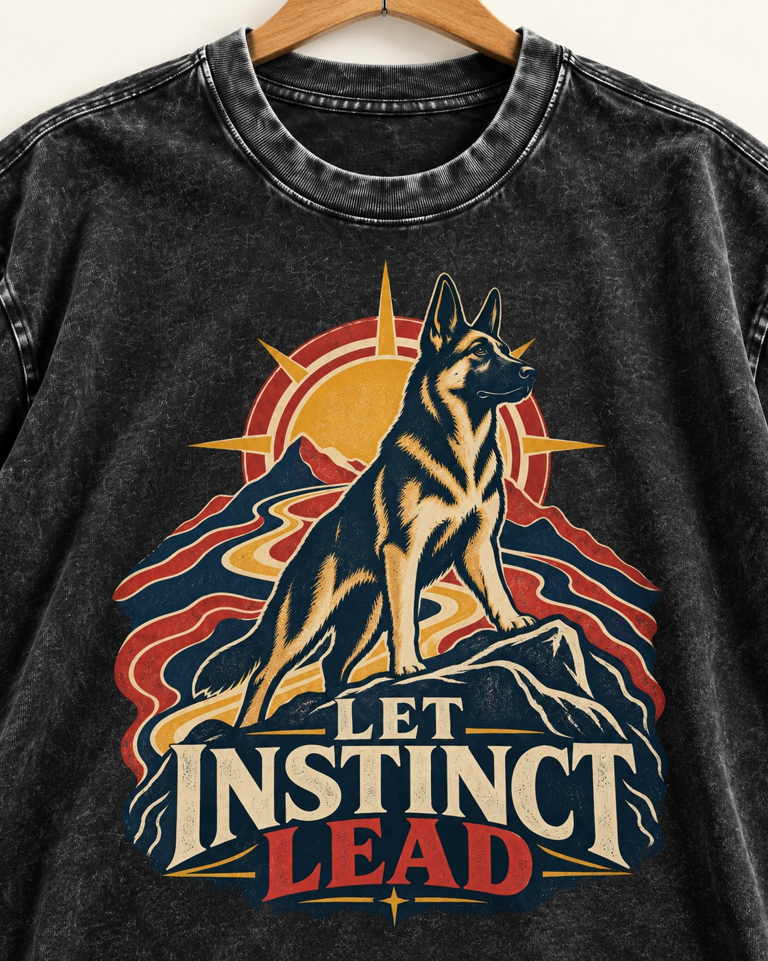 Let Instinct Lead Sunrise German Shepherd Dog Graphic Washed Tee in Black, close-up of the graphic