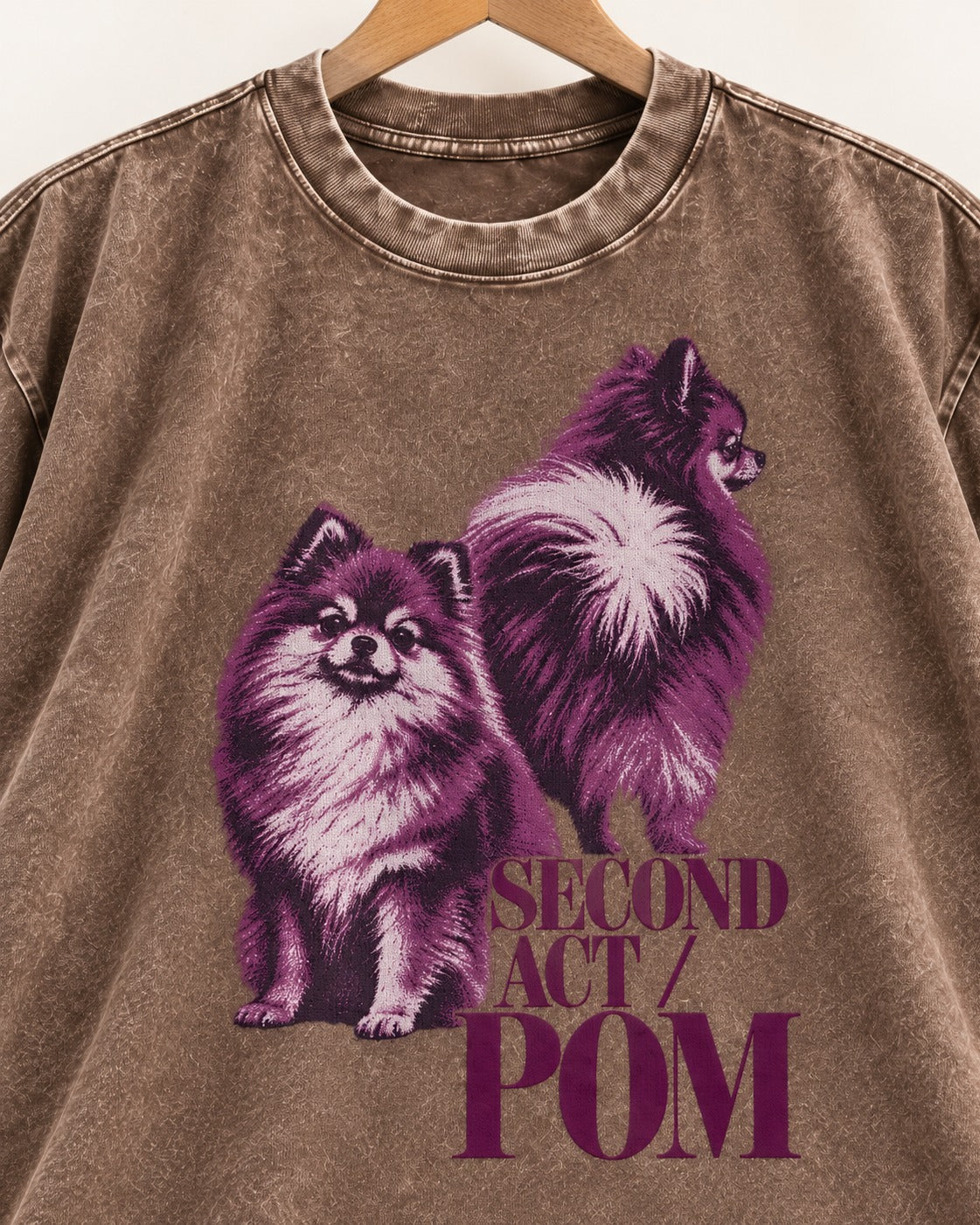 Second Act Pomeranian Washed Tee in Coffee, close-up of the graphic