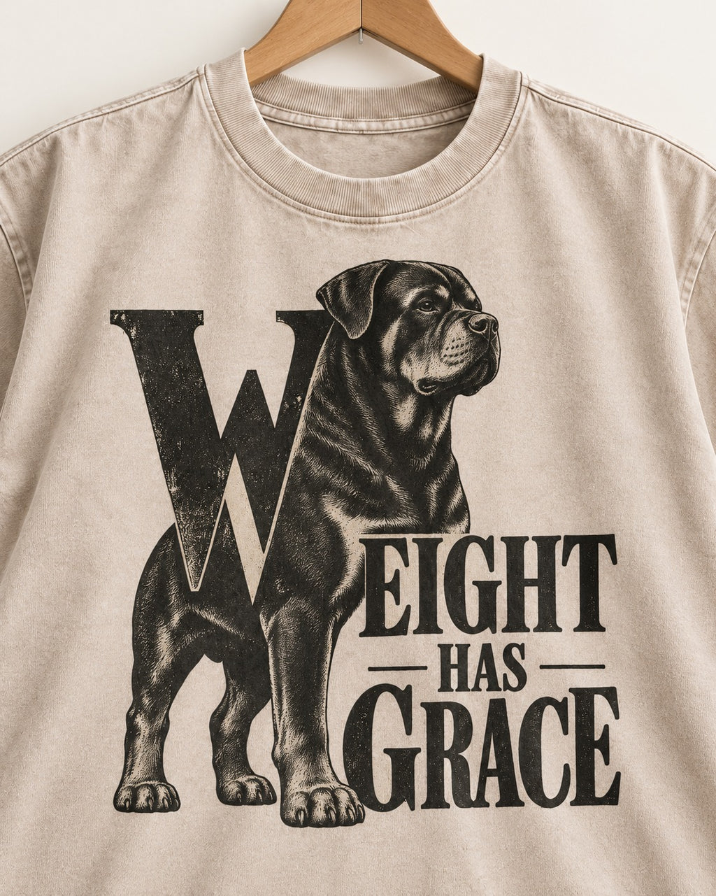 Rottweiler Weight Has Grace Washed Tee in Apricot, close-up of the graphic