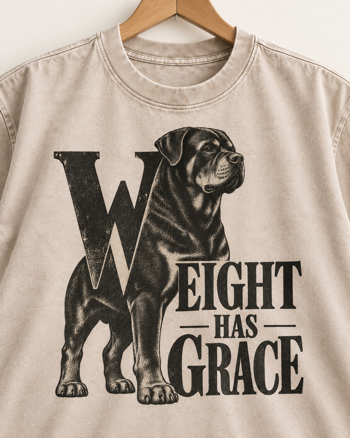 Rottweiler Weight Has Grace Washed Tee in Apricot, close-up of the graphic