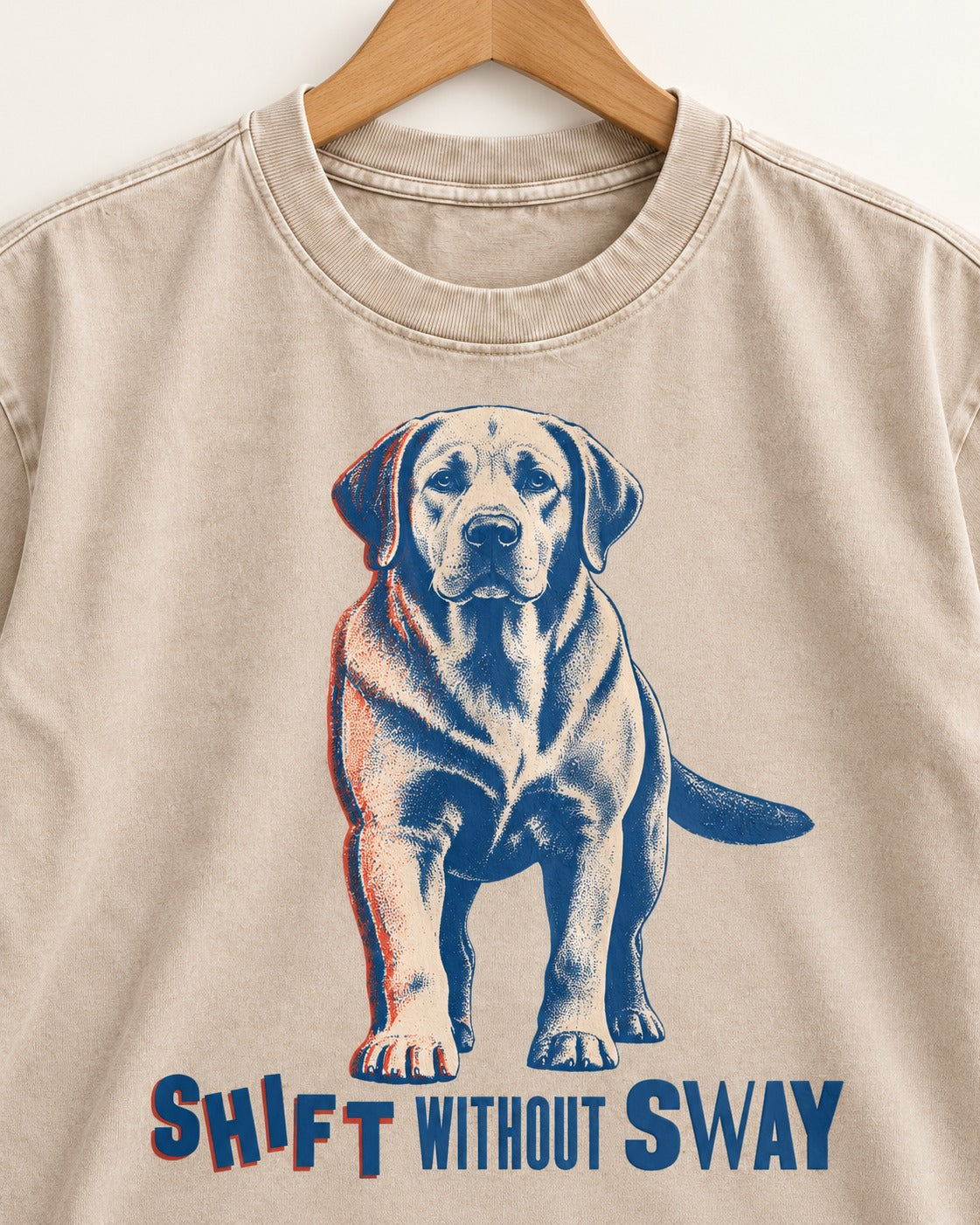 Shift Without Sway Labrador Retriever Washed Tee in Apricot, close-up of the graphic