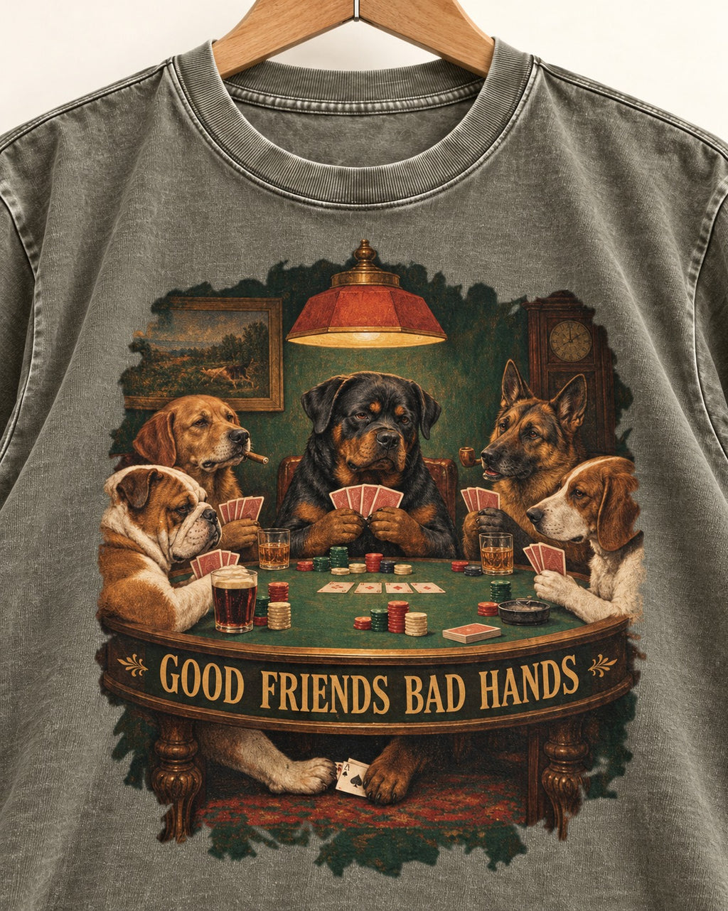 Rottweiler Good Friends Bad Hands Poker Night Graphic Washed Tee in Army Green, close-up of the graphic