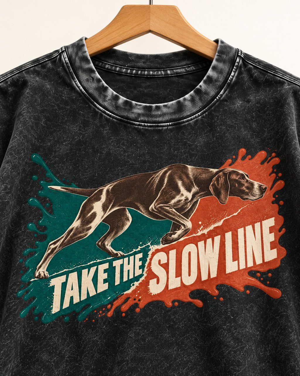 German Shorthaired Pointer Take The Slow Line Paint Splash Graphic Washed Tee in Black, close-up of the graphic