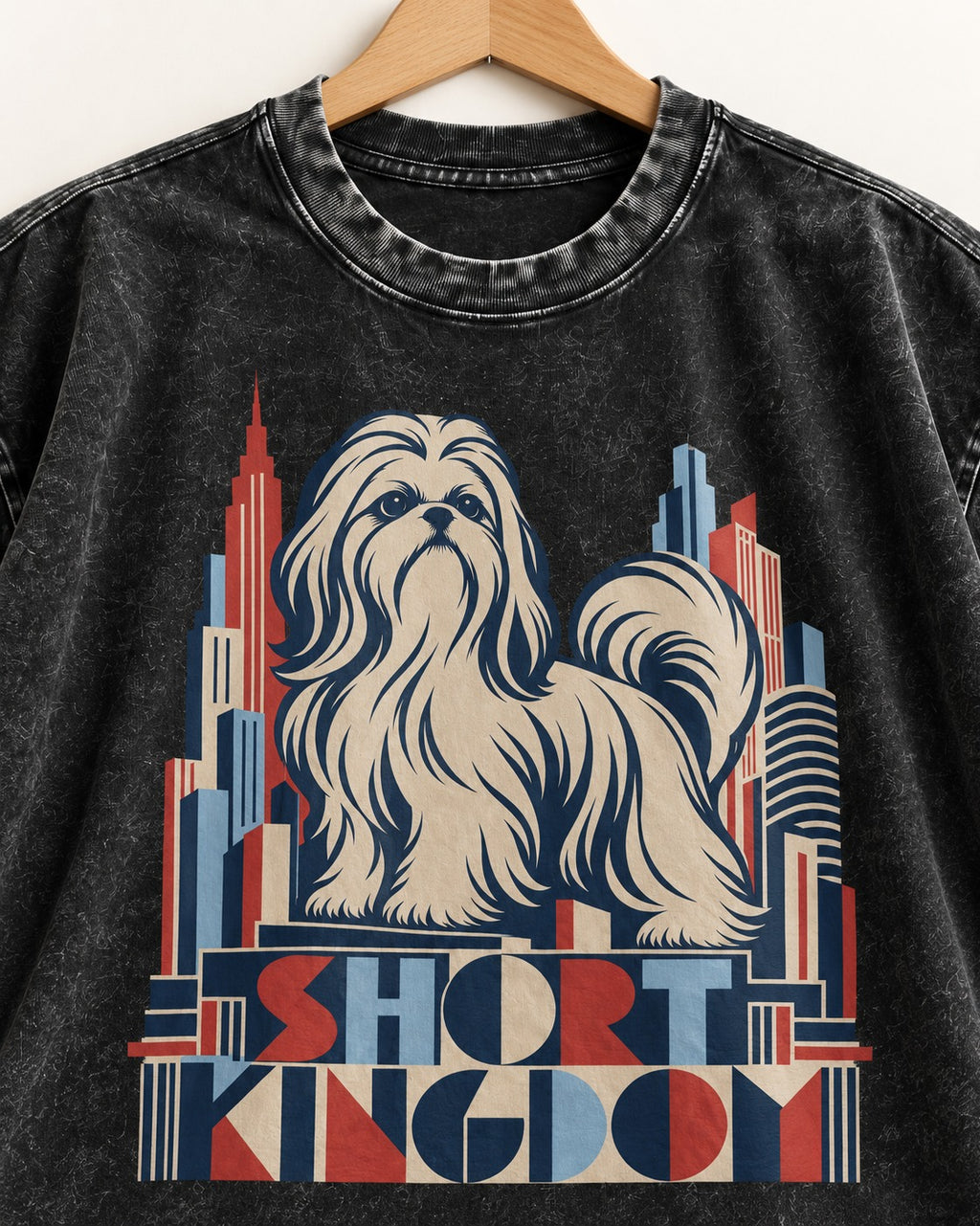 Shih Tzu Short Kingdom Art Deco Skyline Graphic Washed Tee in Black, close-up of the graphic