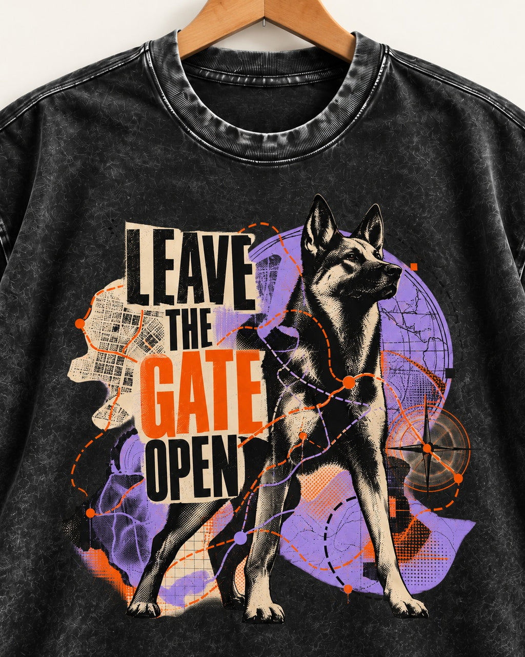 Leave The Gate Open Transit Collage German Shepherd Dog Graphic Washed Tee in Black, close-up of the graphic