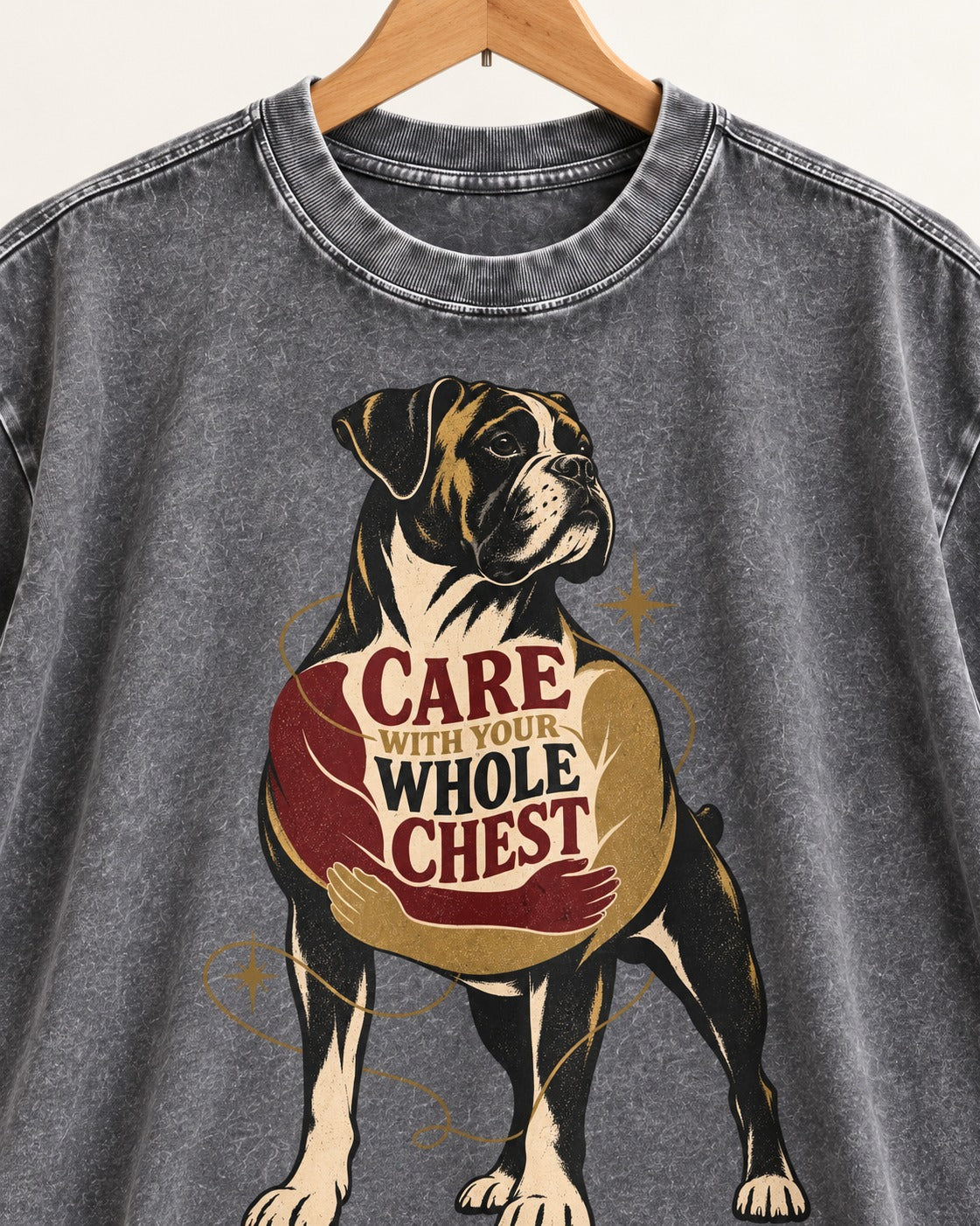 Boxer Care With Your Whole Chest Washed Tee in Gray, close-up of the graphic
