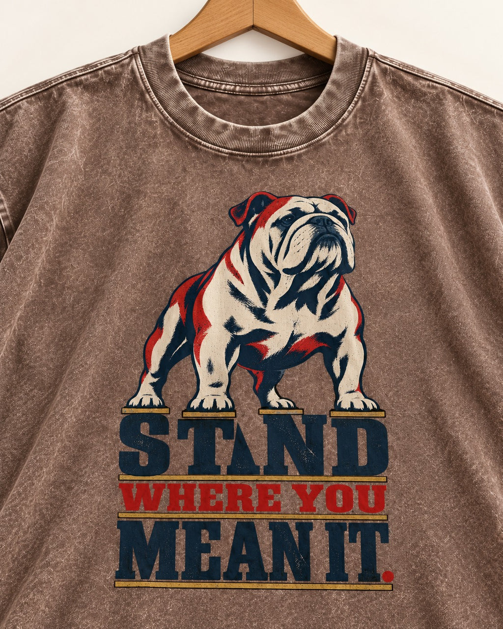 English Bulldog Stand Washed Tee in Coffee, close-up of the graphic