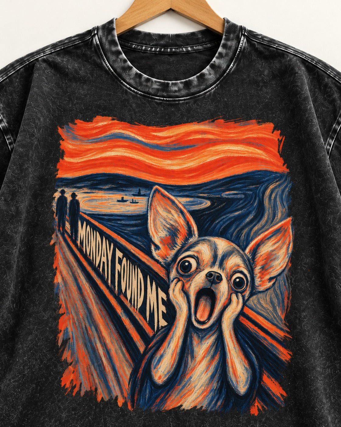 Monday Found Me Chihuahua Scream Path Washed Tee in Black, close-up of the graphic