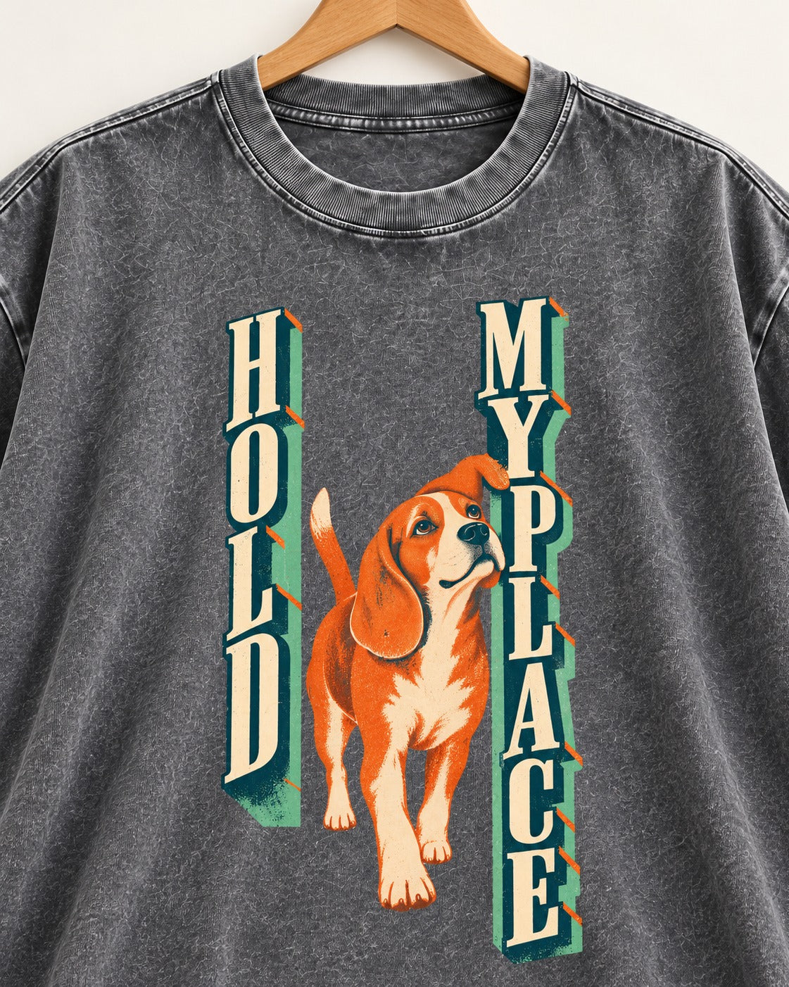 Vintage Beagle Hold My Place Washed Tee in Gray, close-up of the graphic