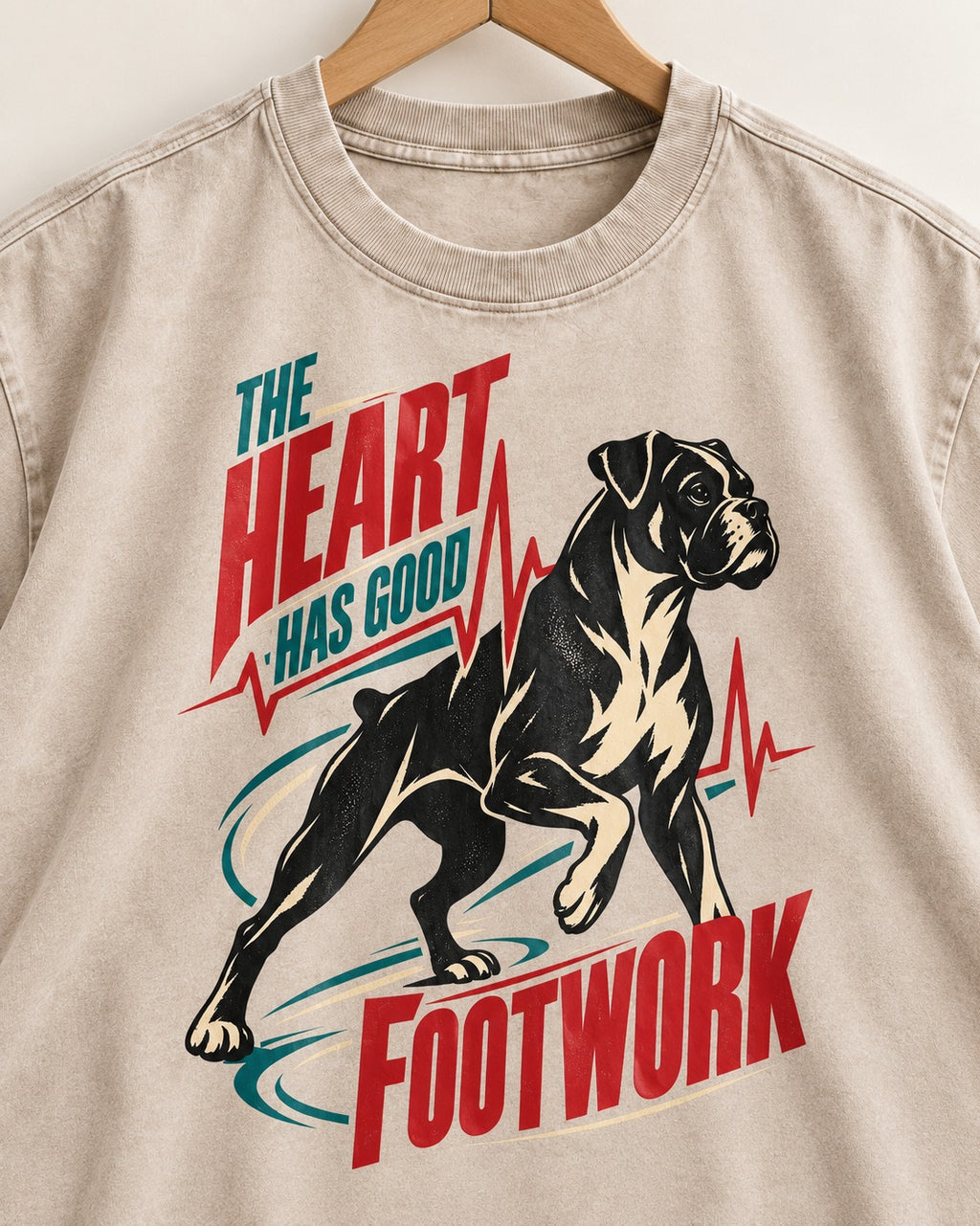 Boxer Heart Has Good Footwork Washed Tee in Apricot, close-up of the graphic