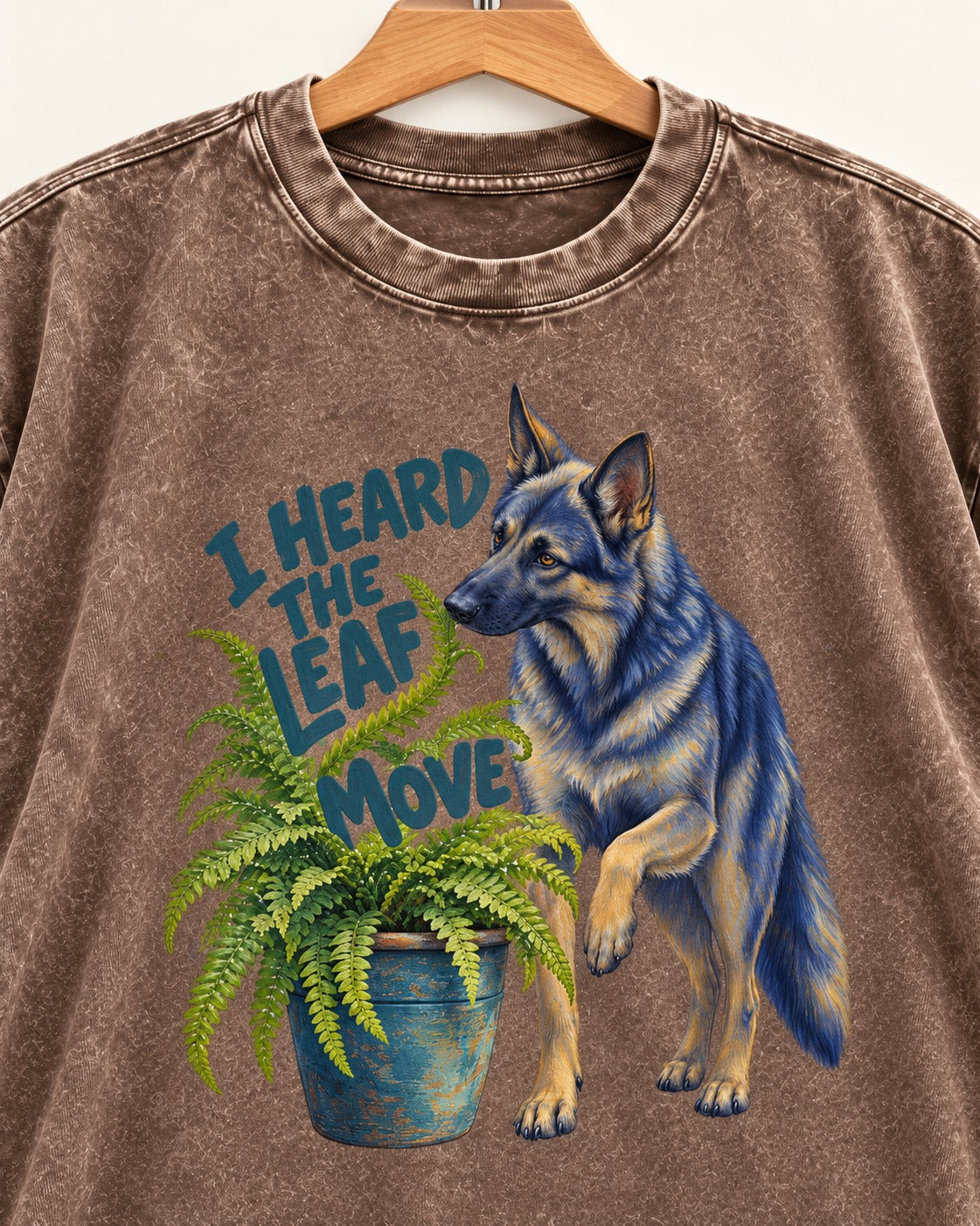German Shepherd Dog Heard the Leaf Move Washed Tee in Coffee, close-up of the graphic