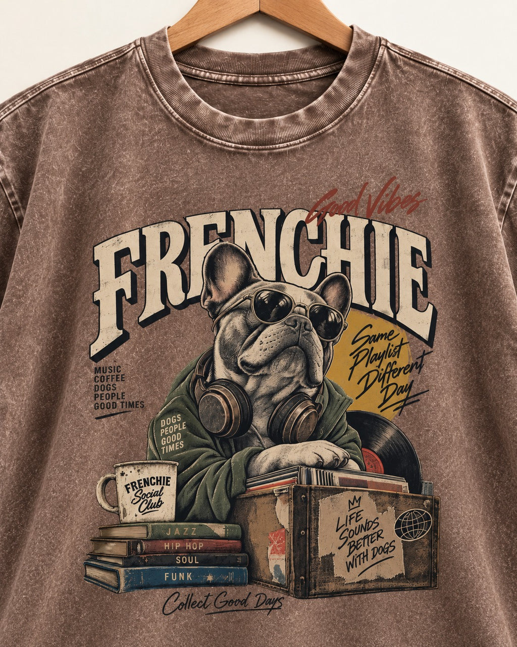 Frenchie Social Club Washed Tee in Coffee, close-up of the graphic