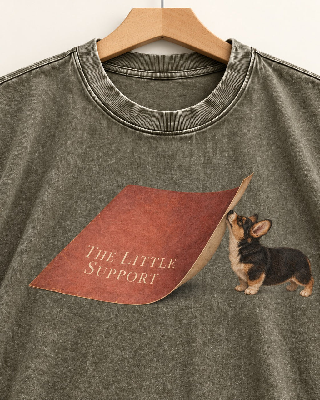Corgi The Little Support Paper Graphic Washed Tee in Army Green, close-up of the graphic