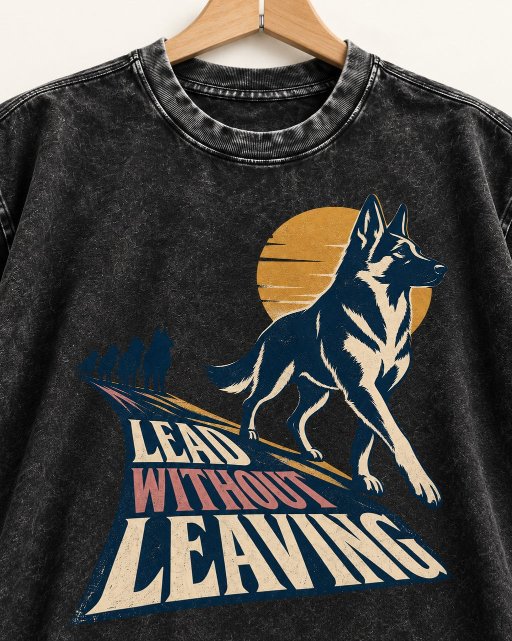 Lead Without Leaving Perspective German Shepherd Dog Graphic Washed Tee in Black, close-up of the graphic