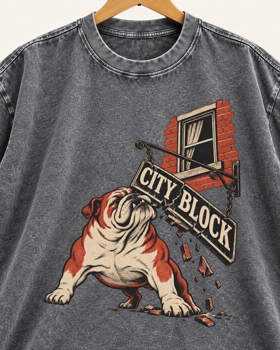 English Bulldog City Block Breaking Sign Graphic Washed Tee in Gray, close-up of the graphic