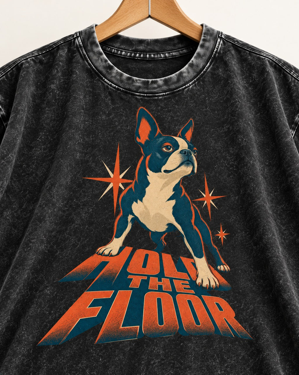 Boston Terrier On The Floor Perspective Graphic Washed Tee in Black, close-up of the graphic
