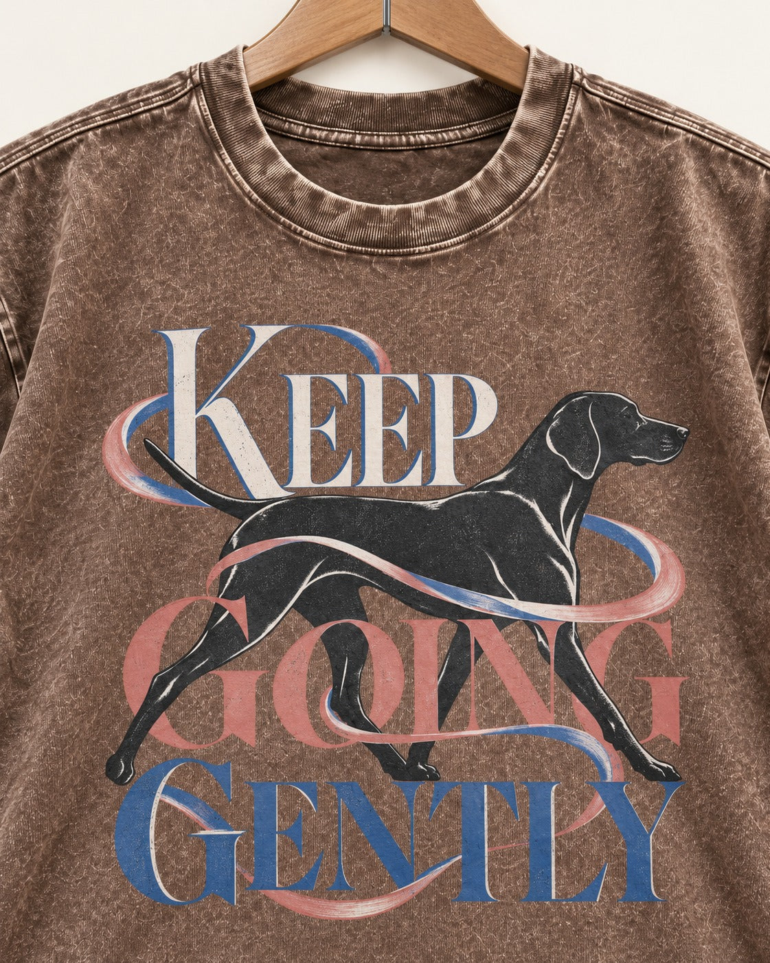 German Shorthaired Pointer Keep Going Gently Walking Graphic Washed Tee in Coffee, close-up of the graphic