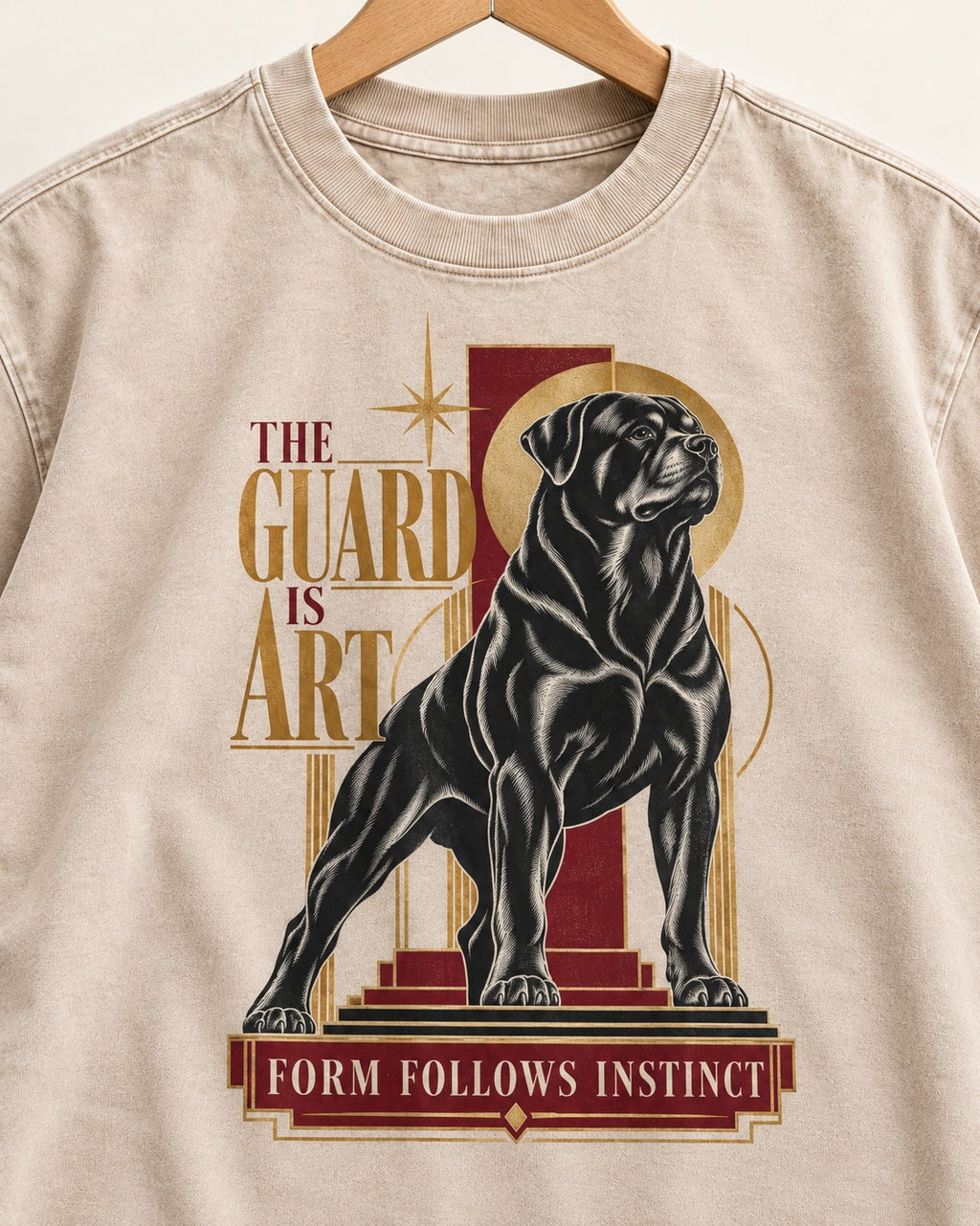 Rottweiler Form Follows Instinct Washed Tee in Apricot, close-up of the graphic