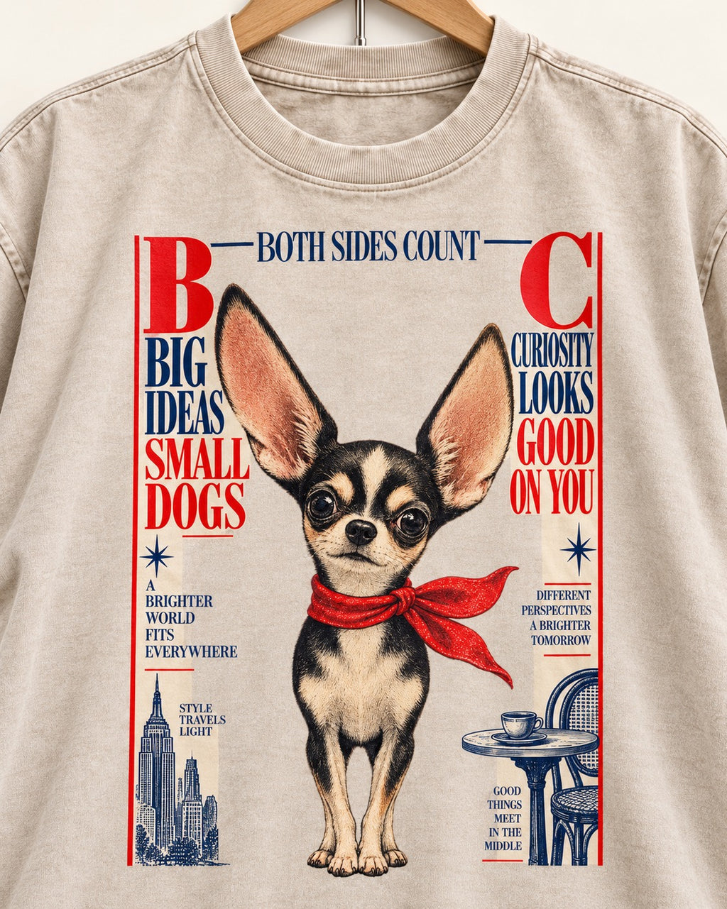 Chihuahua Big Ideas Washed Tee in Apricot, close-up of the graphic
