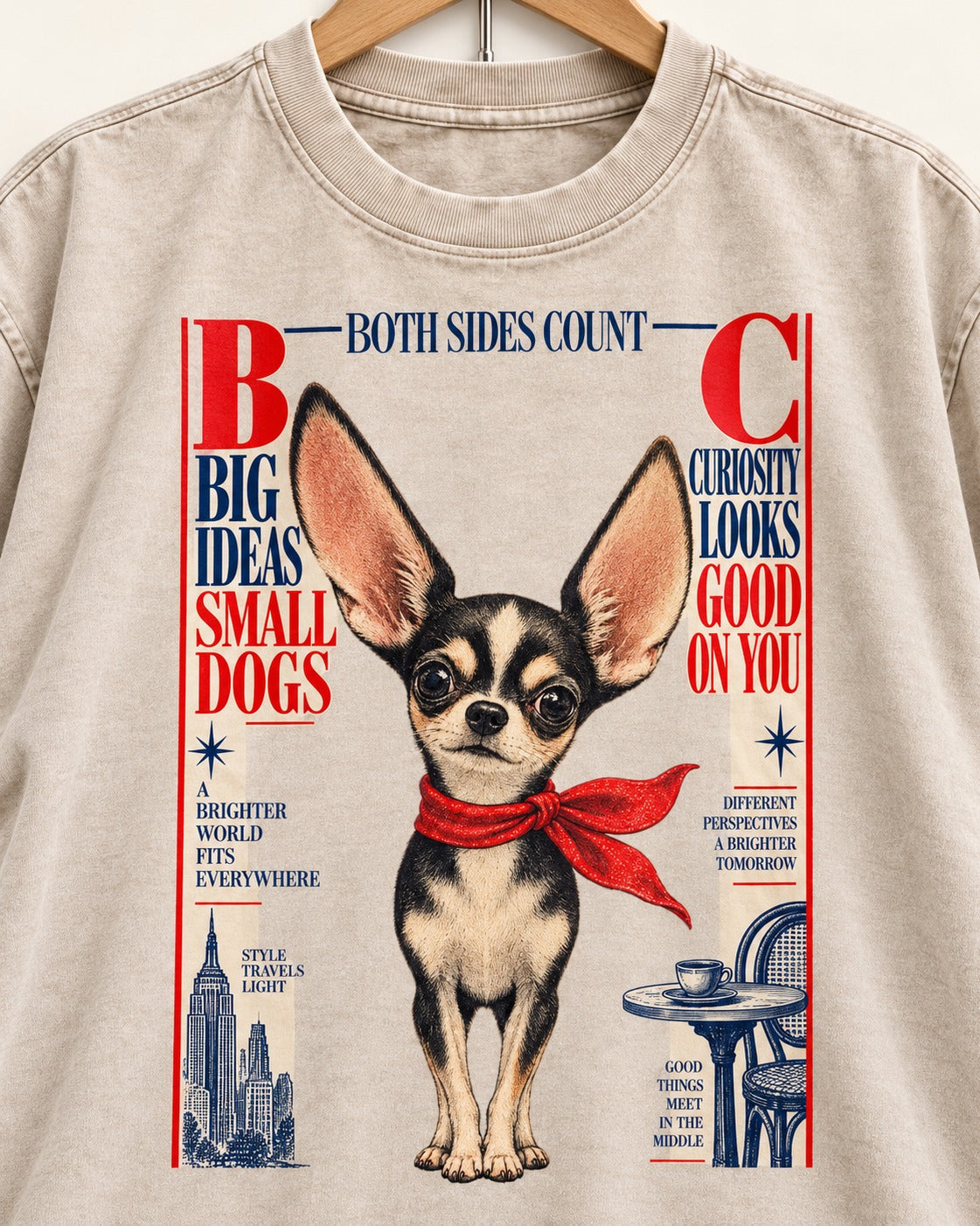 Chihuahua Big Ideas Washed Tee in Apricot, close-up of the graphic