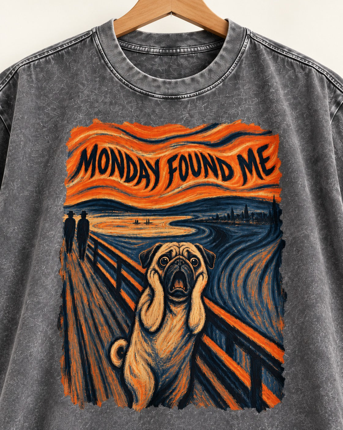 Pug Monday Found Me Scream Parody Graphic Washed Tee in Gray, close-up of the graphic