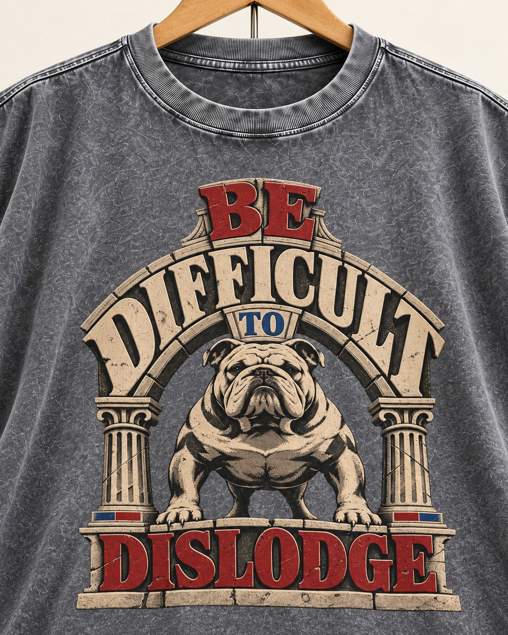 English Bulldog Be Difficult to Dislodge Stone Arch Graphic Washed Tee in Gray, close-up of the graphic