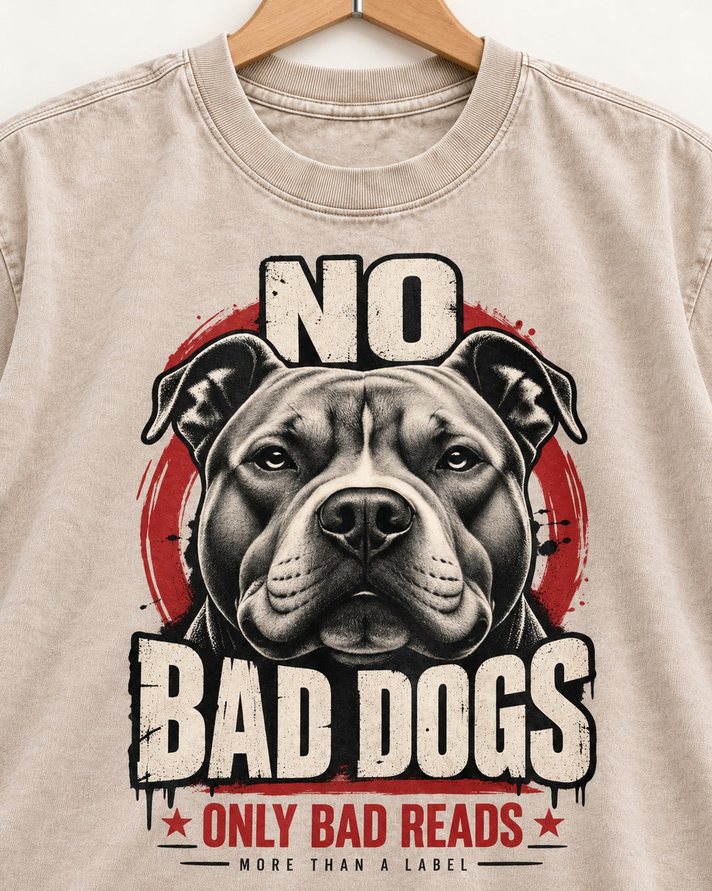 Pitbull Only Bad Reads Washed Tee in Apricot, close-up of the graphic
