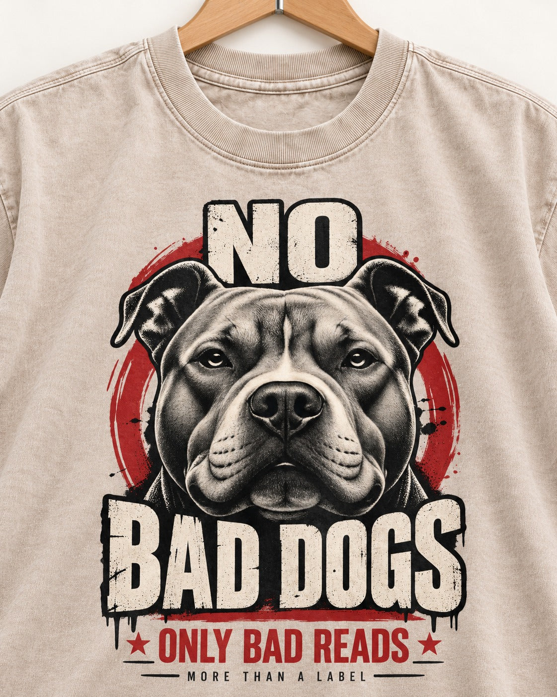 Pitbull Only Bad Reads Washed Tee in Apricot, close-up of the graphic