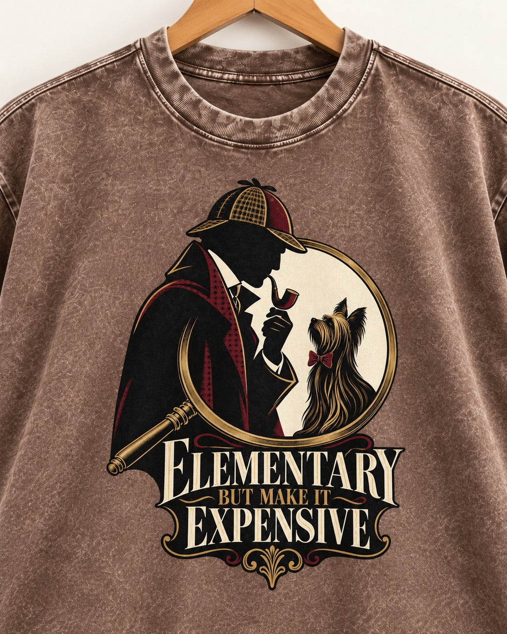 Elementary but Expensive Yorkshire Terrier Washed Tee in Coffee, close-up of the graphic