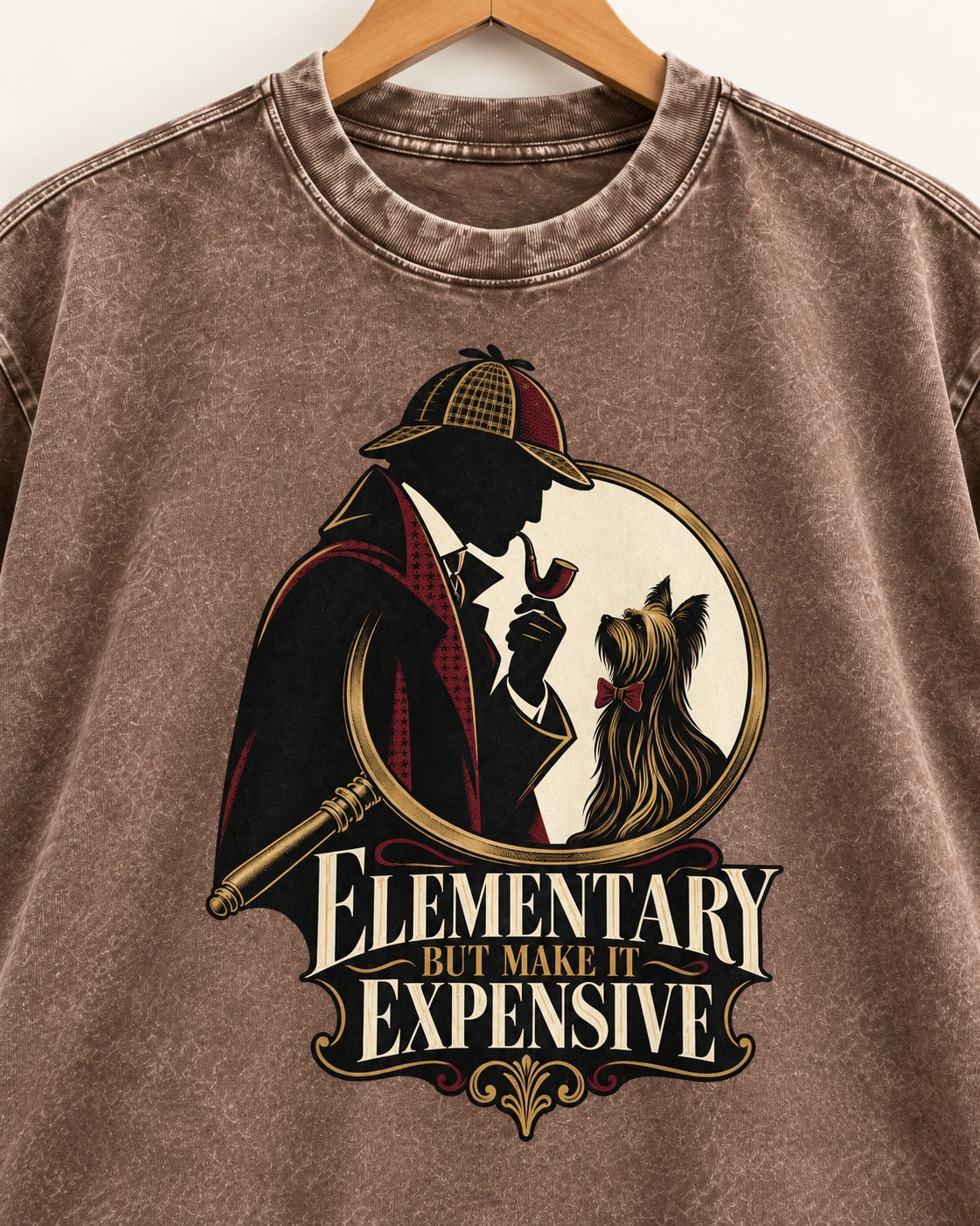 Elementary but Expensive Yorkshire Terrier Washed Tee in Coffee, close-up of the graphic