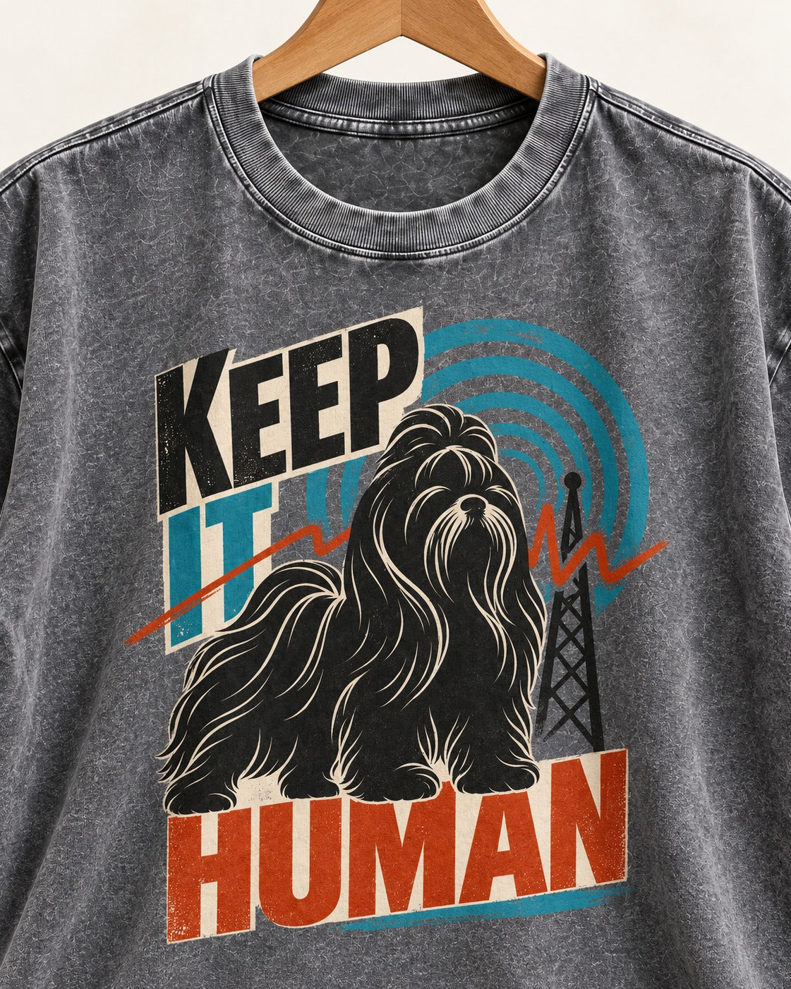 Shih Tzu Keep It Human Radio Signal Graphic Washed Tee in Gray, close-up of the graphic