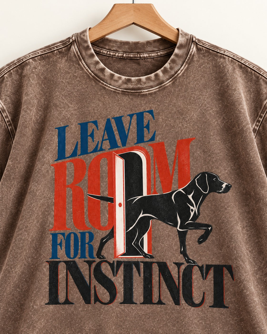 Leave Room for Instinct German Shorthaired Pointer Washed Tee in Coffee, close-up of the graphic