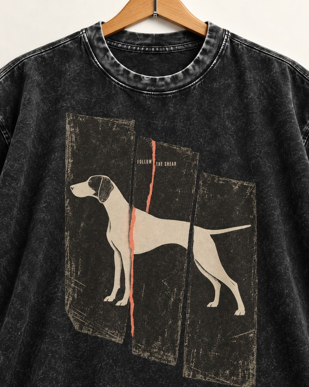 German Shorthaired Pointer Follow The Shear Split Panel Graphic Washed Tee in Black, close-up of the graphic
