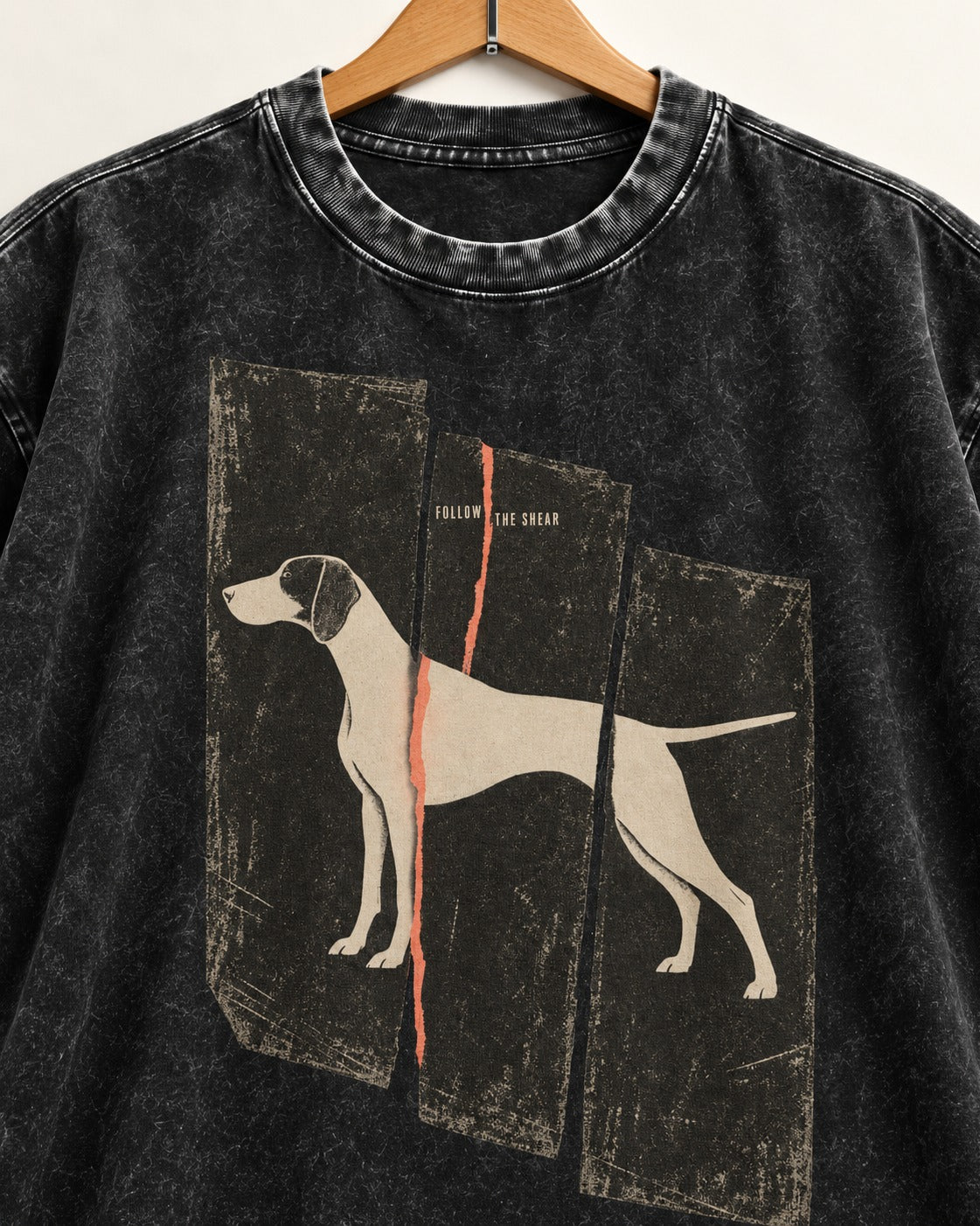 German Shorthaired Pointer Follow The Shear Split Panel Graphic Washed Tee in Black, close-up of the graphic