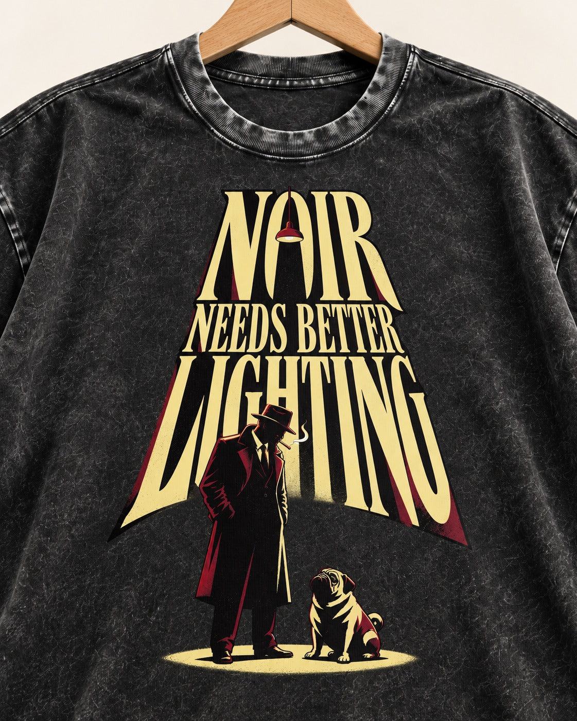 Pug Noir Needs Better Lighting Detective Graphic Washed Tee in Black, close-up of the graphic