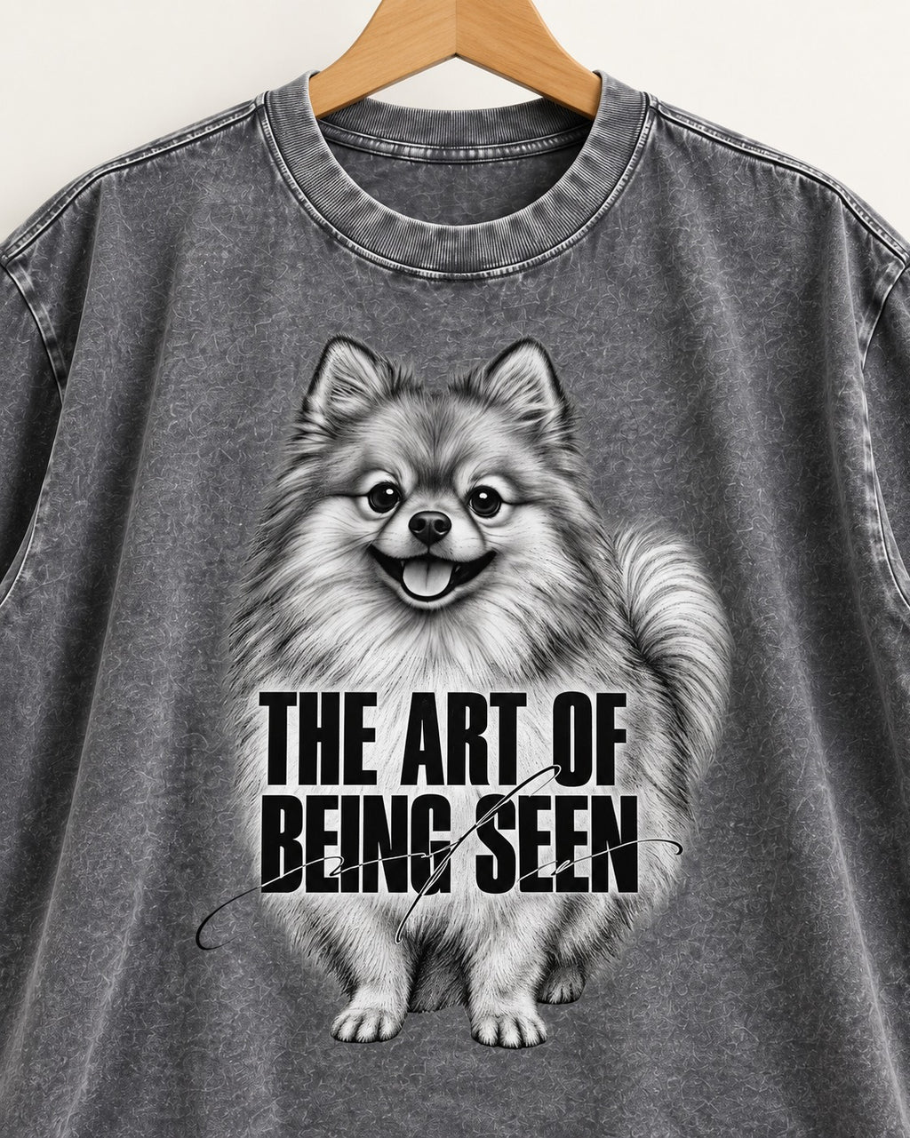 Pomeranian The Art of Being Seen Portrait Graphic Washed Tee in Gray, close-up of the graphic
