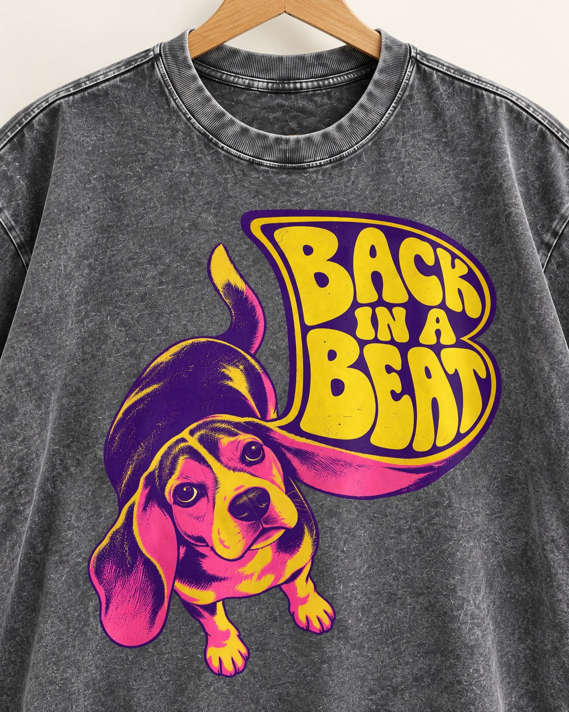 Groovy Beagle Back In A Beat Washed Tee in Gray, close-up of the graphic