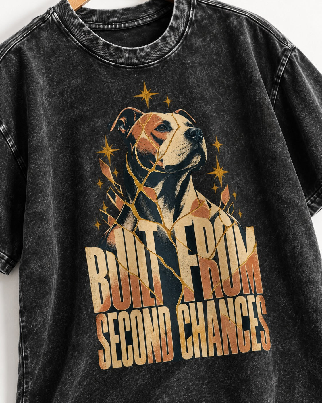 Pitbull Built from Second Chances Kintsugi Graphic Washed Tee in Black, close-up of the graphic