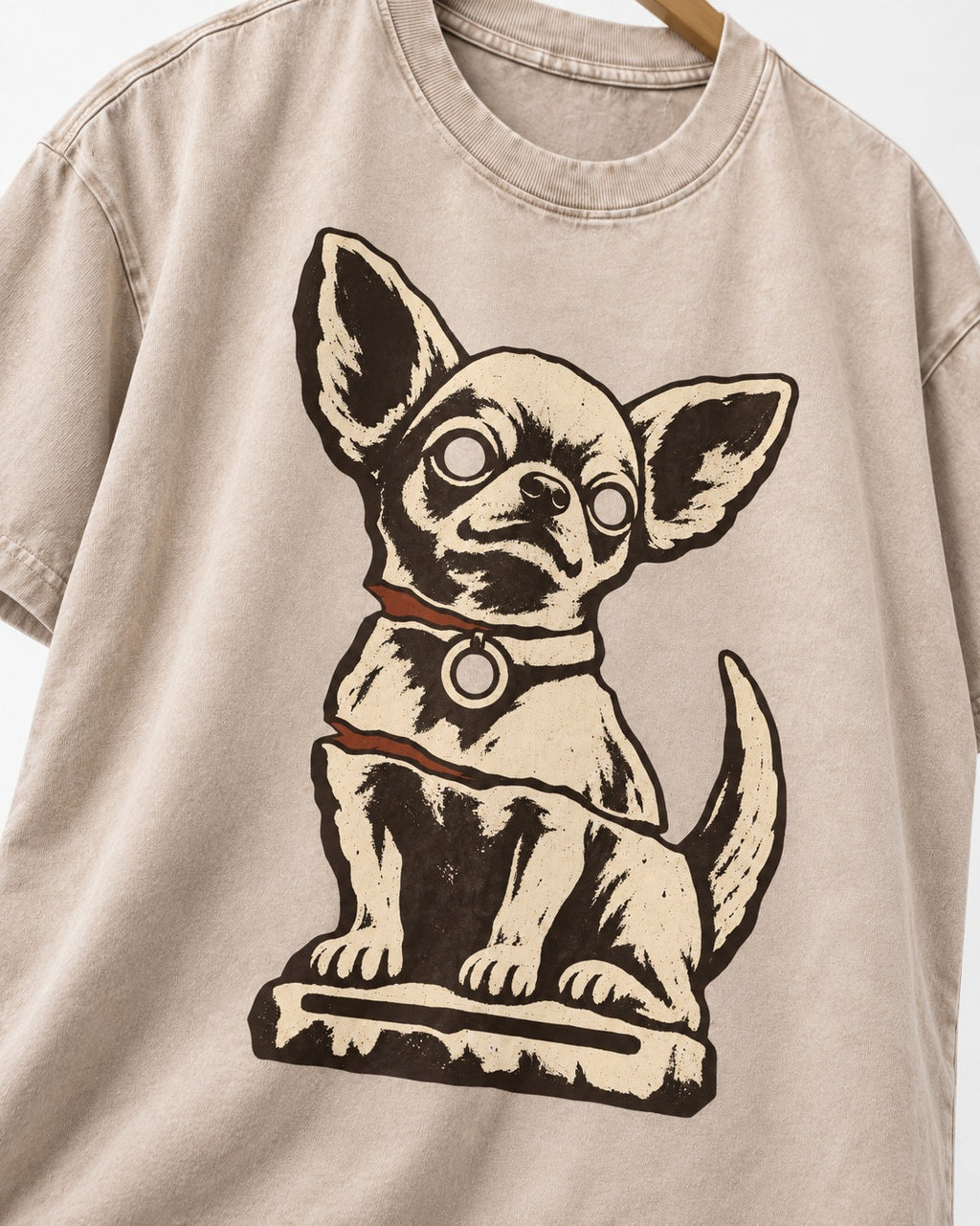 Chihuahua's Eternal Vigil Washed Tee in Apricot, close-up of the graphic