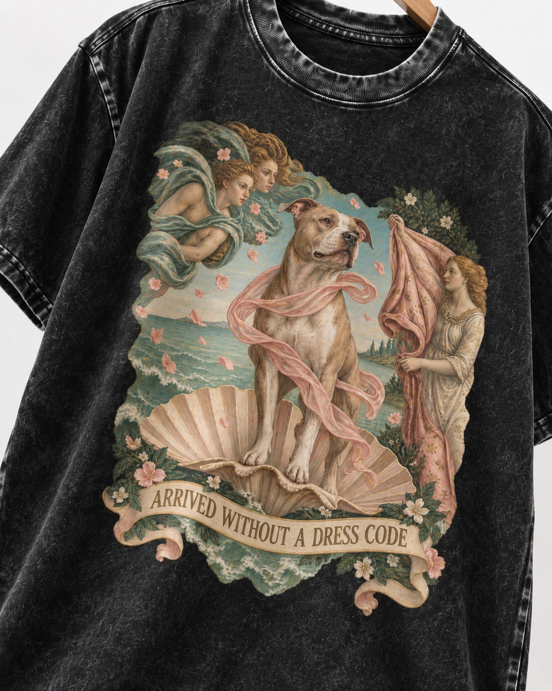 Pitbull Arrived Without a Dress Code Venus Parody Graphic Washed Tee in Black, close-up of the graphic