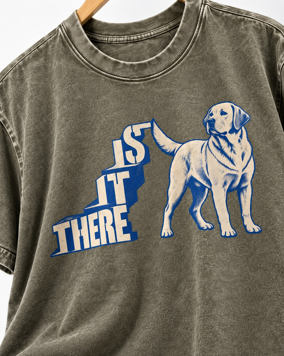 Labrador Retriever Is It There Stair-Step Graphic Washed Tee in Army Green, close-up of the graphic