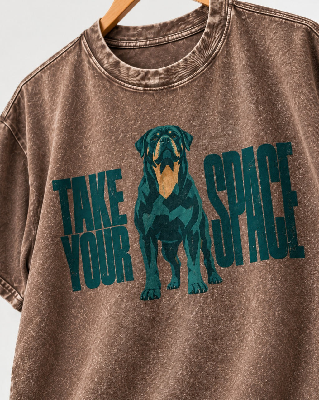 Rottweiler Take Your Space Washed Tee in Coffee, close-up of the graphic
