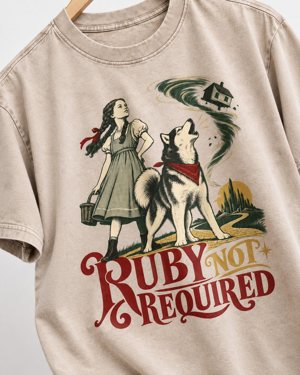 Ruby Not Required for Husky Washed Tee in Apricot, close-up of the graphic
