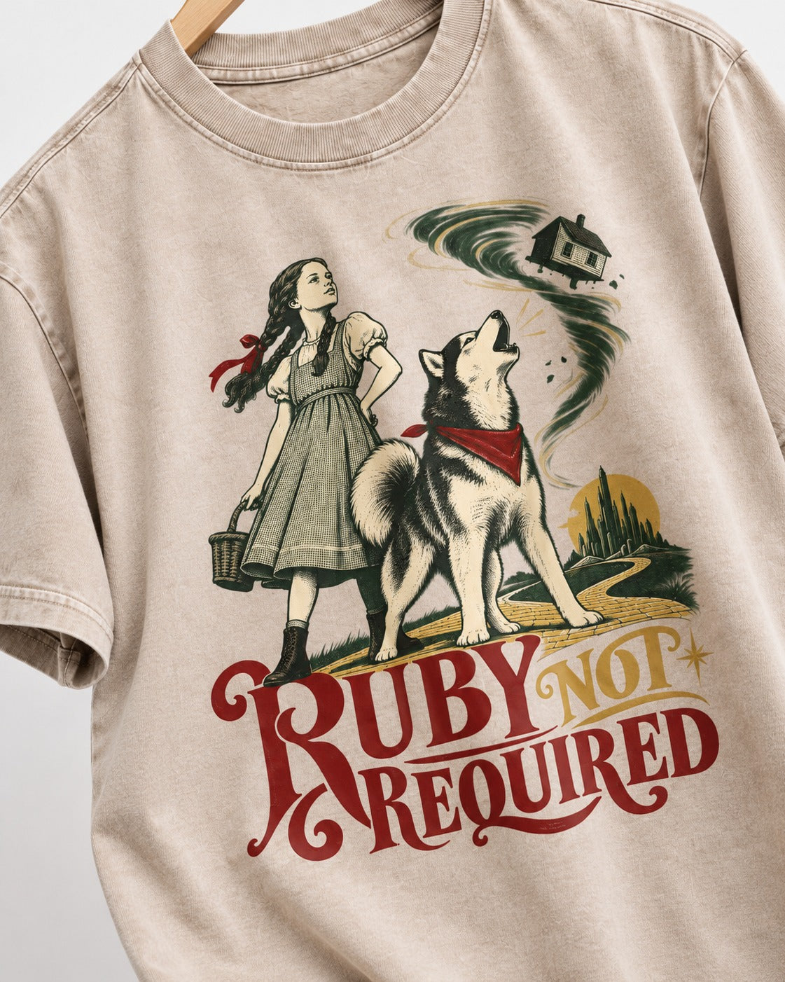Ruby Not Required for Husky Washed Tee in Apricot, close-up of the graphic