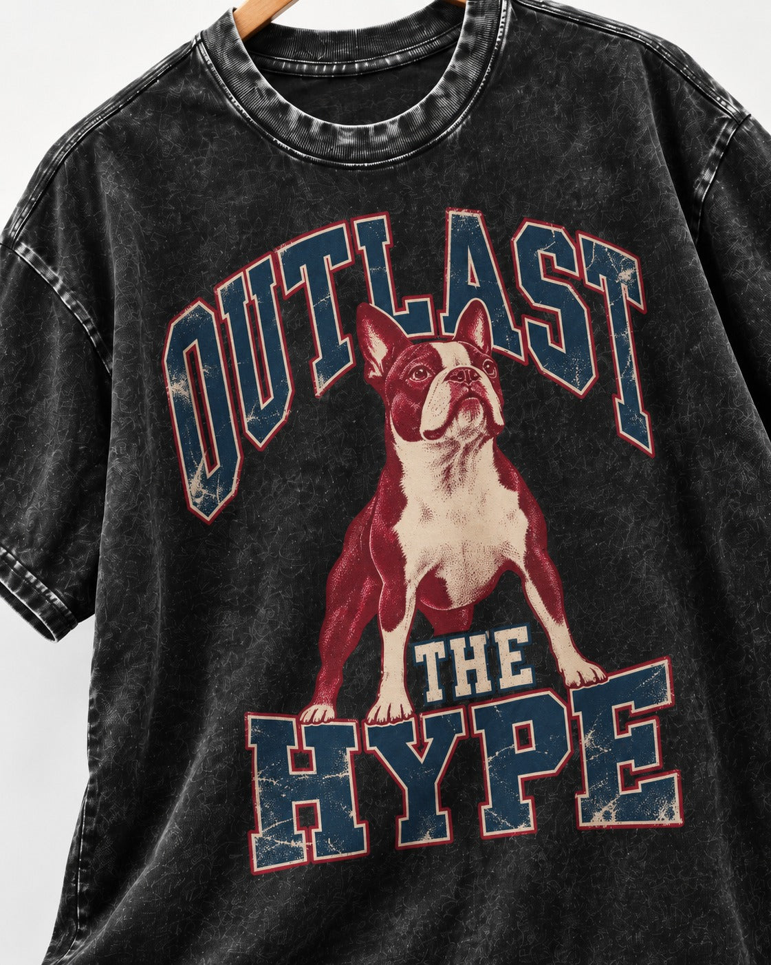 Boston Terrier Outlast The Hype Collegiate Graphic Washed Tee in Black, close-up of the graphic