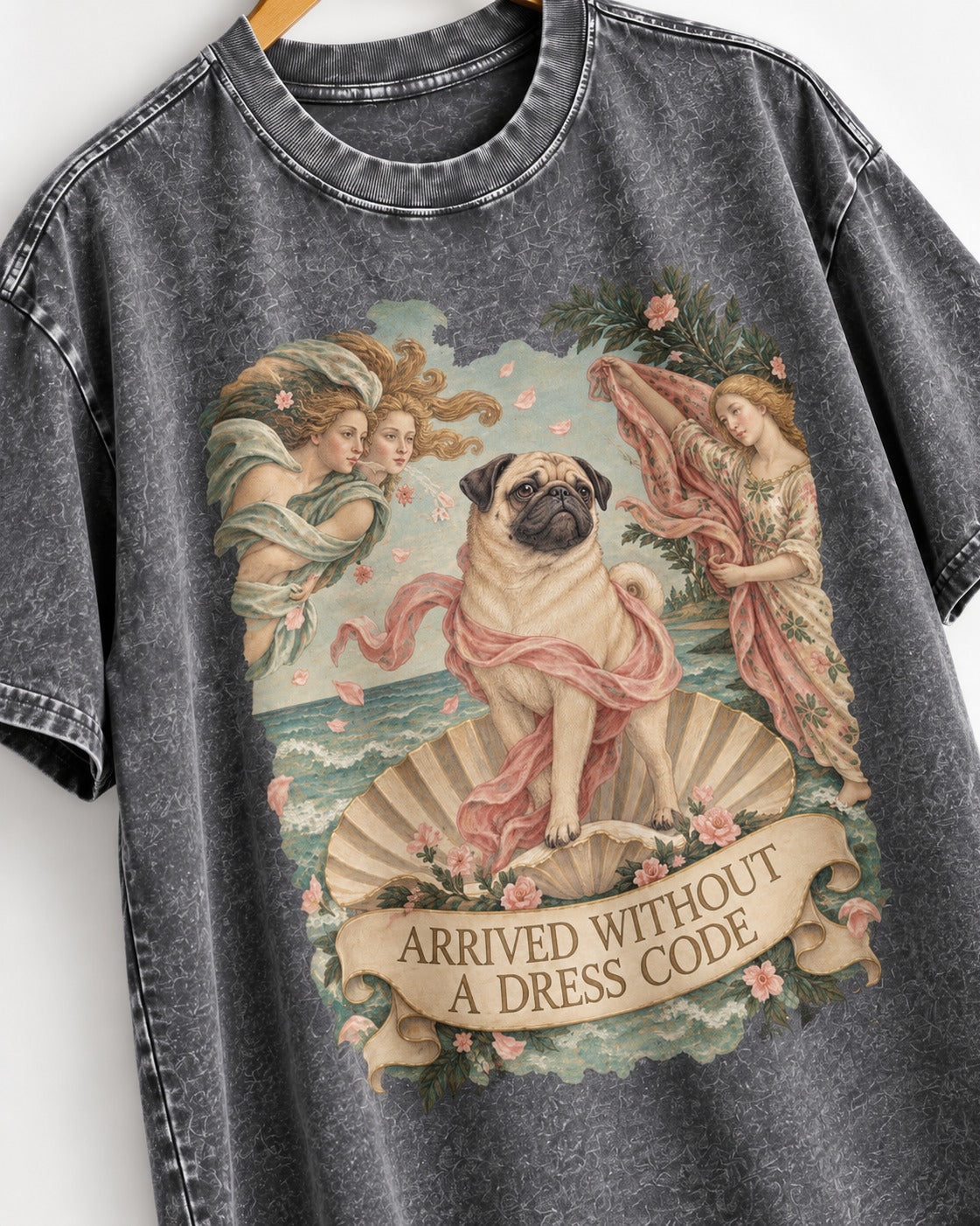 Pug Arrived Without a Dress Code Venus Parody Graphic Washed Tee in Gray, close-up of the graphic