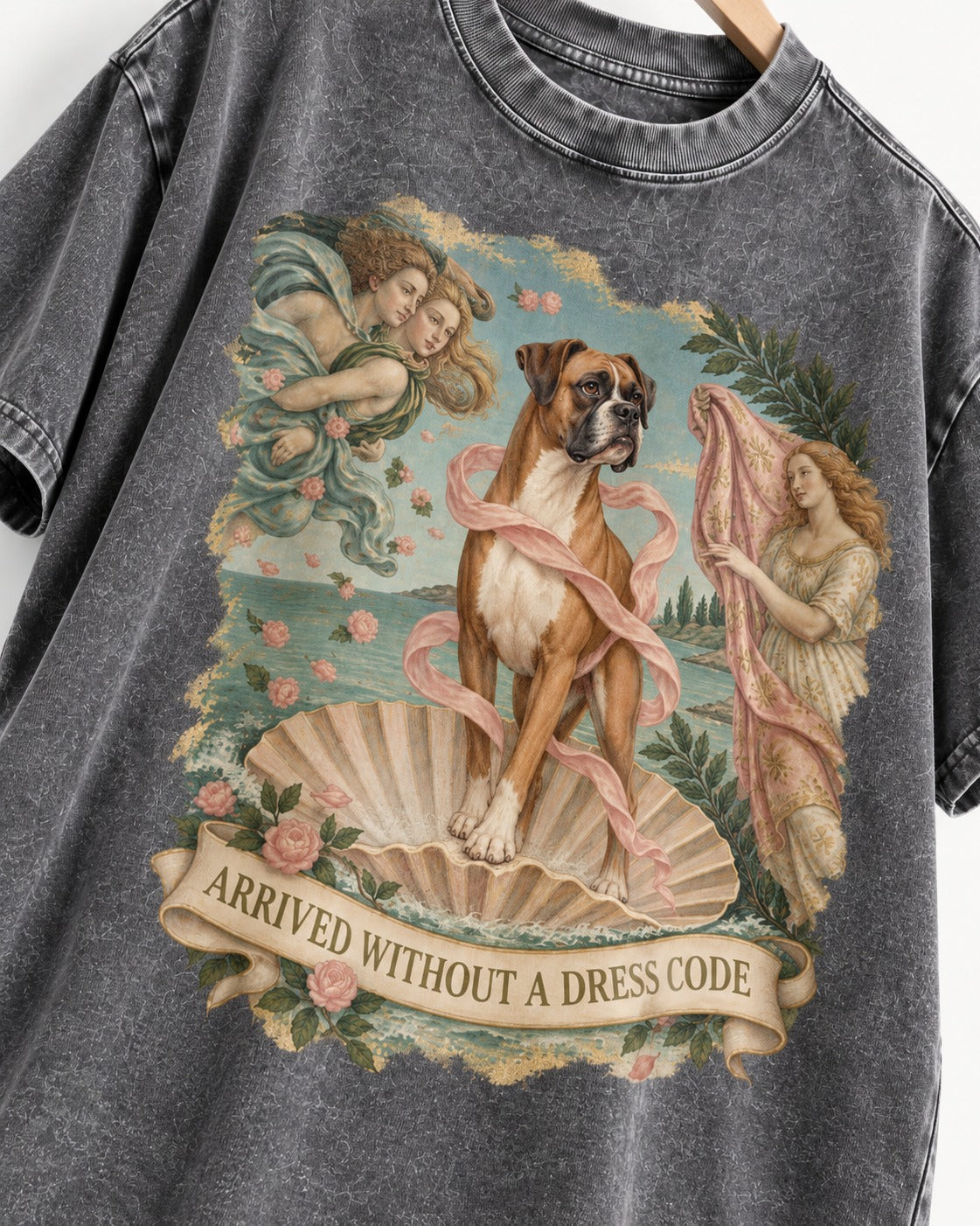 Arrived Without a Dress Code Boxer Classical Collage Washed Tee in Gray, close-up of the graphic
