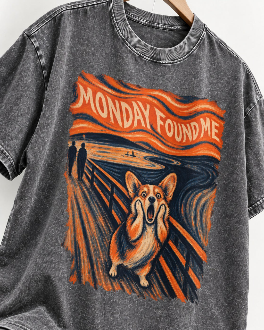 Corgi Monday Found Me Scream Banner Washed Tee in Gray, close-up of the graphic