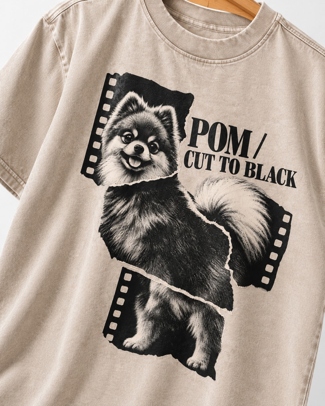 Pomeranian Cut to Black Washed Tee in Apricot, close-up of the graphic