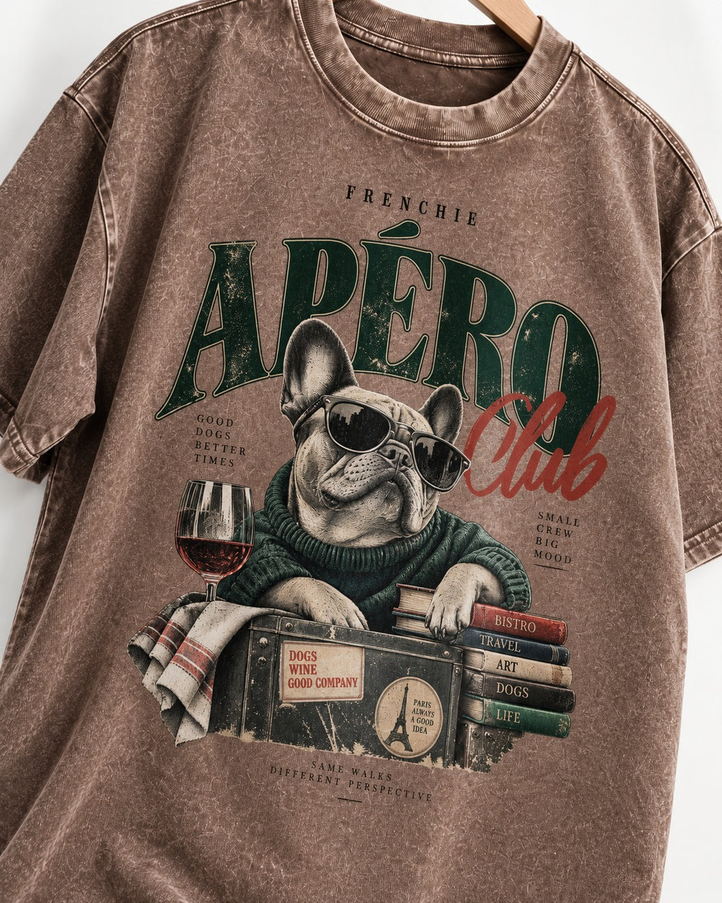 Frenchie Apero Club Washed Tee in Coffee, close-up of the graphic